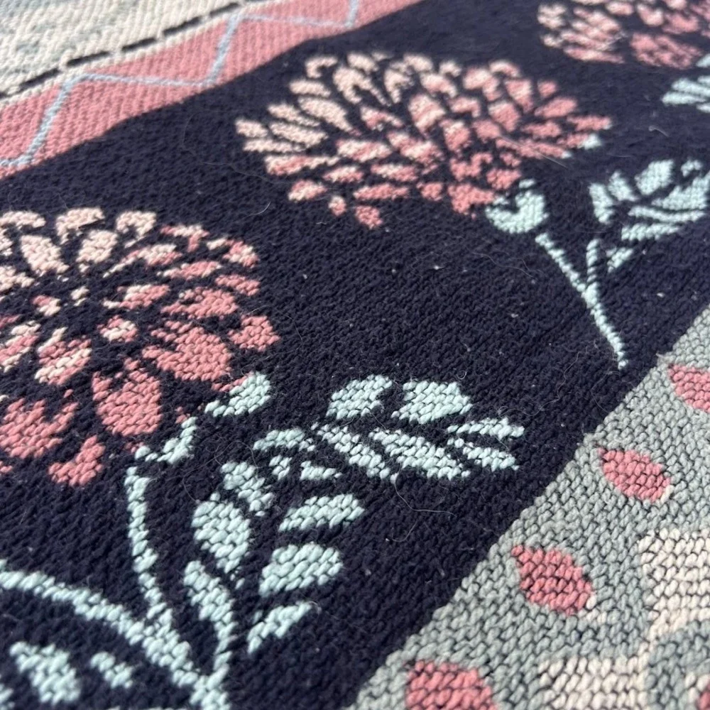Vintage Floral Woven Tapestry Throw Blanket Navy Pink Boho Fringe Knit